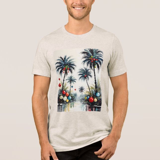 Tropical Beach Christmas Palm Trees With Ornaments Tri-Blend Shirt (Front)