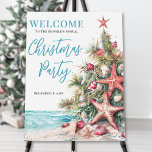 Tropical Beach Christmas Party Welcome Foam Board<br><div class="desc">Welcome guests to your holiday gathering with this festive and beachy Christmas party welcome sign. The design features a large green Christmas tree on the right, decorated with orange-red starfish and ornaments. At the base of the tree is soft sand and gentle teal blue ocean water, adding a warm and...</div>