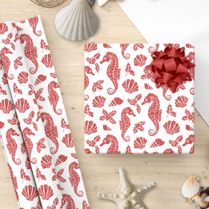 Tropical Beach Christmas Red Glitter Seahorses  Wrapping Paper