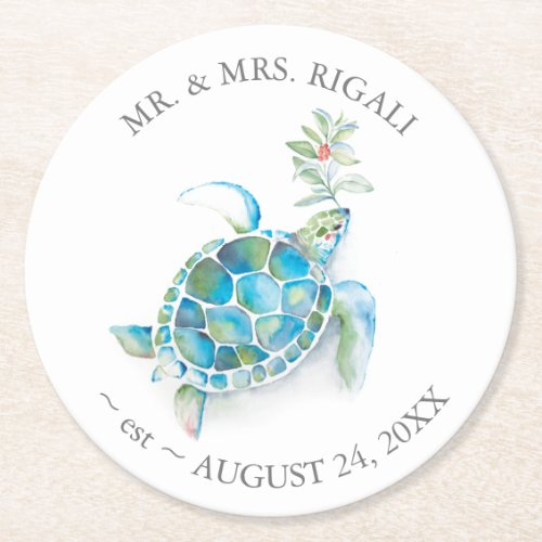 Tropical Beach Christmas Sea Turtle  Round Paper Coaster