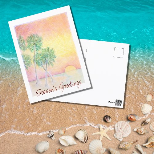 Tropical Beach Christmas Sunset Palm Trees Holiday Postcard