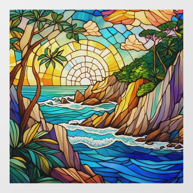 tropical beach cliffs 2 stained glass art window cling (Sheet)