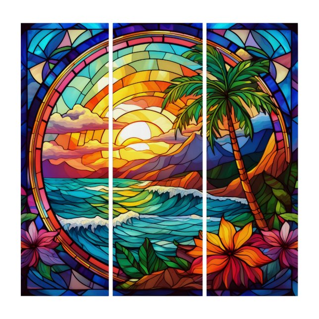 tropical beach cliffs stained glass art (Front)