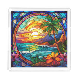 tropical beach cliffs stained glass art acrylic tray