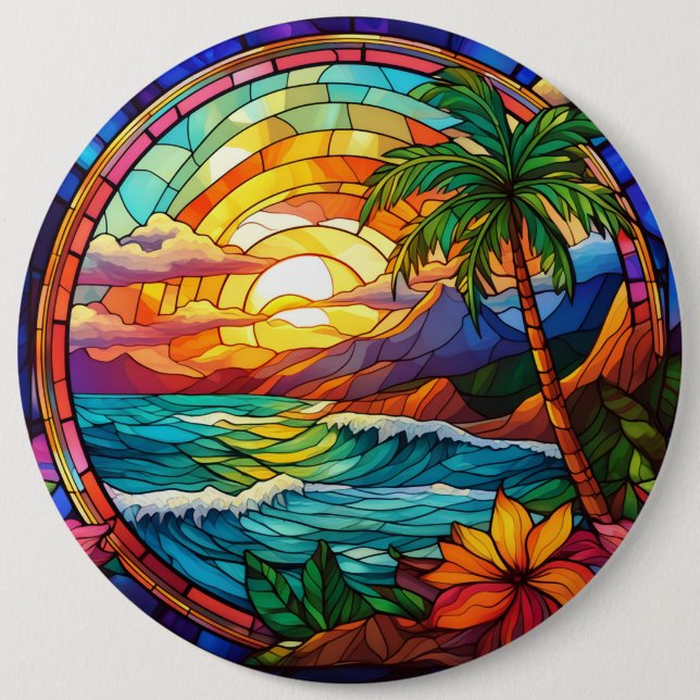 tropical beach cliffs stained glass art button (Front)