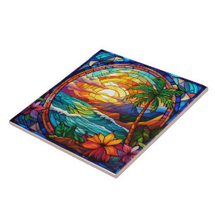 tropical beach cliffs stained glass art ceramic tile