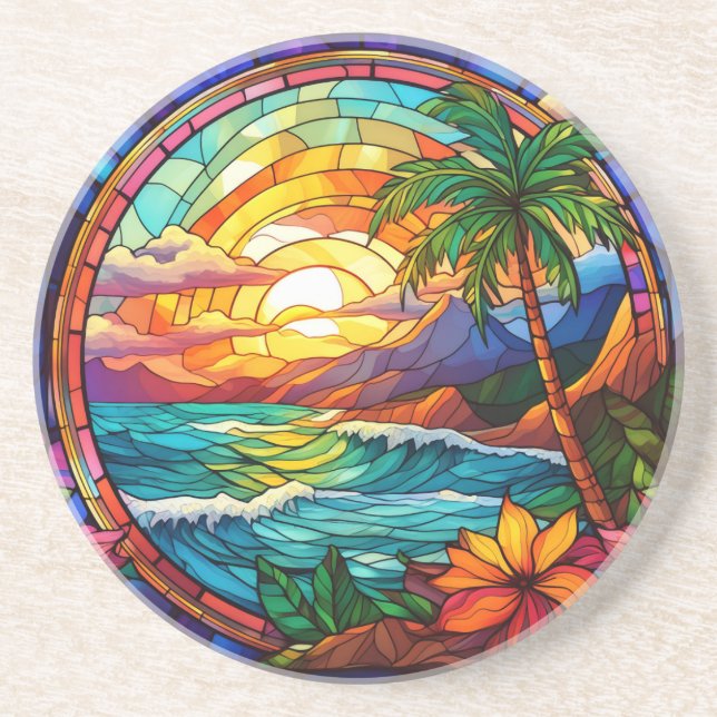 tropical beach cliffs stained glass art coaster (Front)