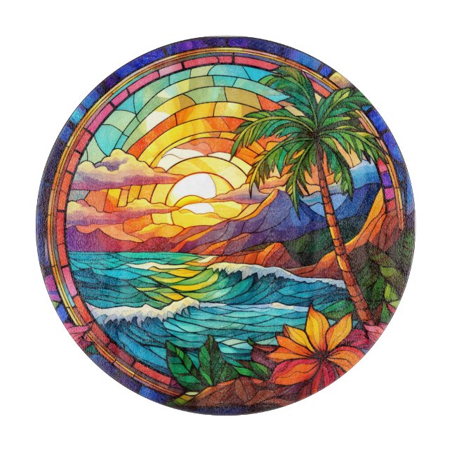 tropical beach cliffs stained glass art cutting board (Front)
