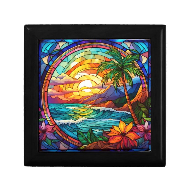 tropical beach cliffs stained glass art gift box (Front)