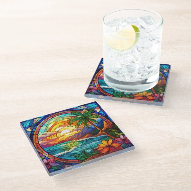tropical beach cliffs stained glass art glass coaster (Angled)