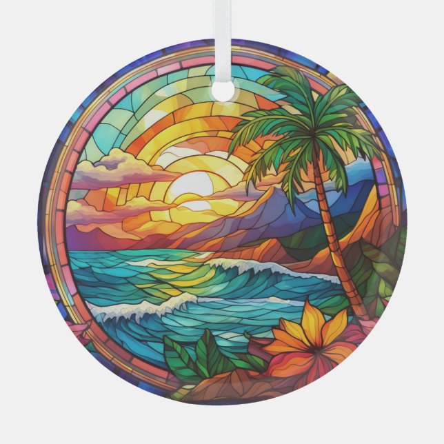tropical beach cliffs stained glass art ornament (Front)