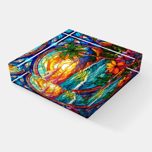 tropical beach cliffs stained glass art paperweight