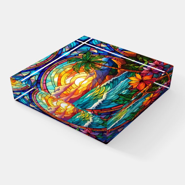 tropical beach cliffs stained glass art paperweight (Angled)