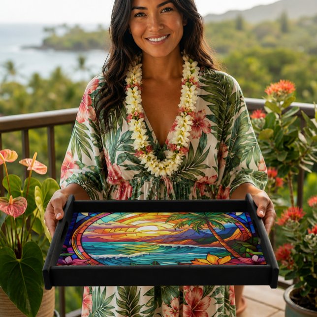tropical beach cliffs stained glass art serving tray (island style serving tray stained glass style art)