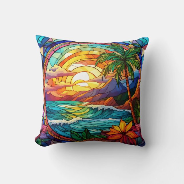 tropical beach cliffs stained glass art throw pillow (Front)