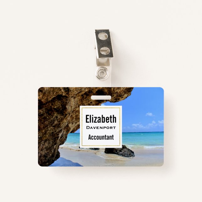 Tropical Beach Coast with a Big Rock Badge (Front with Clip)