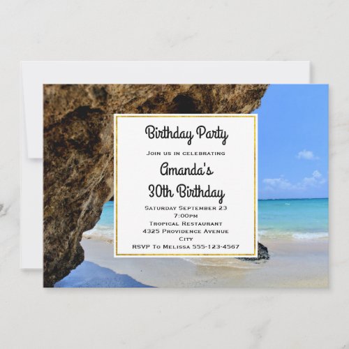 Tropical Beach Coast with a Big Rock Birthday Invitation