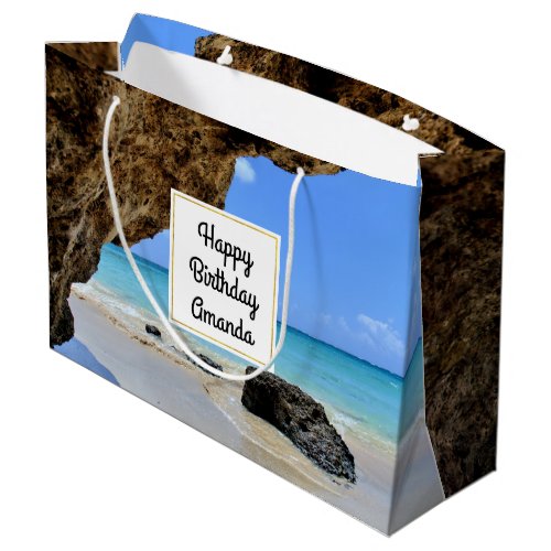 Tropical Beach Coast with a Big Rock Birthday Large Gift Bag