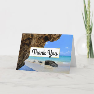 Tropical Beach Coast with a Big Rock Letterpress Thank You Card