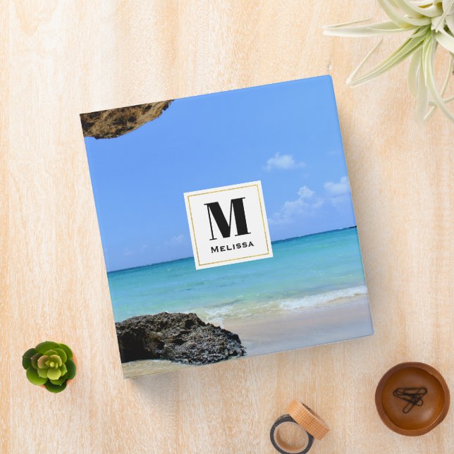 Tropical Beach Coast with a Big Rock Monogram 3 Ring Binder (In Situ)