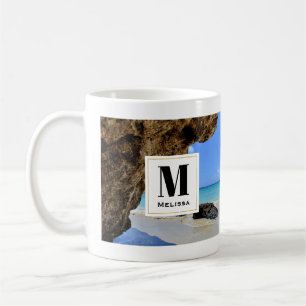 Tropical Beach Coast with a Big Rock Monogram Coffee Mug