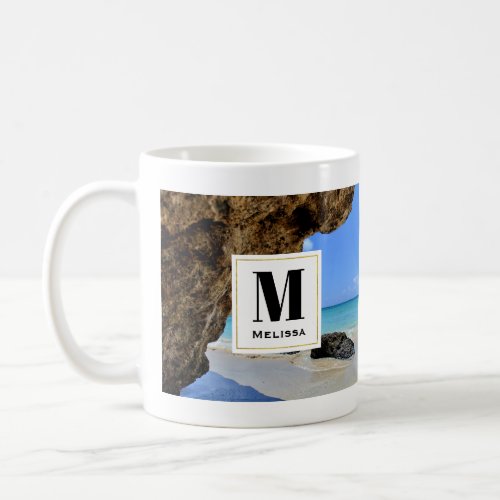 Tropical Beach Coast with a Big Rock Monogram Coffee Mug