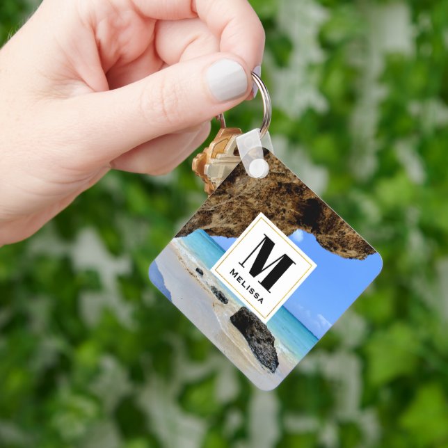 Tropical Beach Coast with a Big Rock Monogram Keychain (Hand)