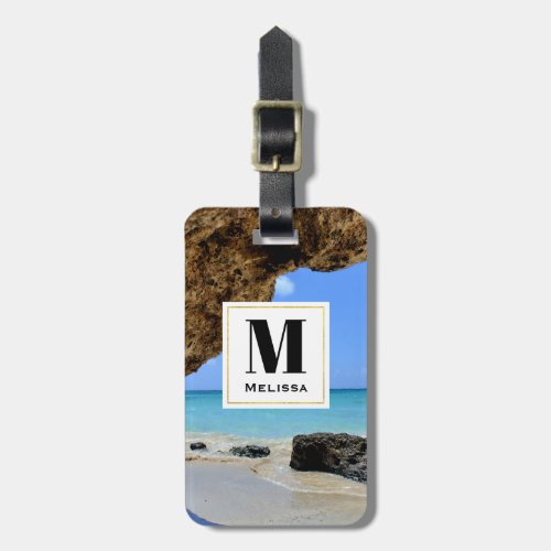 Tropical Beach Coast with a Big Rock Monogram Luggage Tag