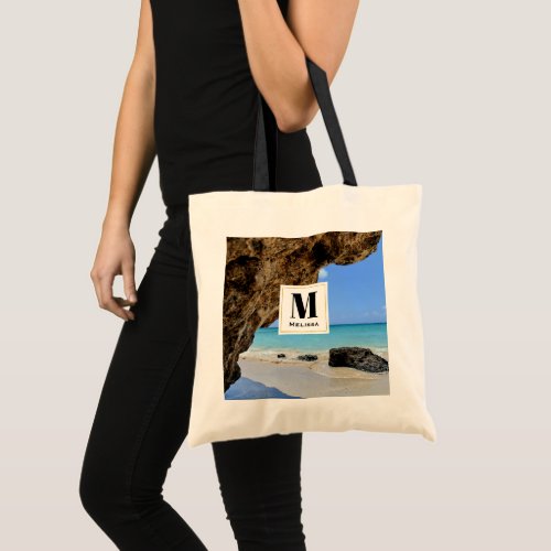 Tropical Beach Coast with a Big Rock Monogram Tote Bag