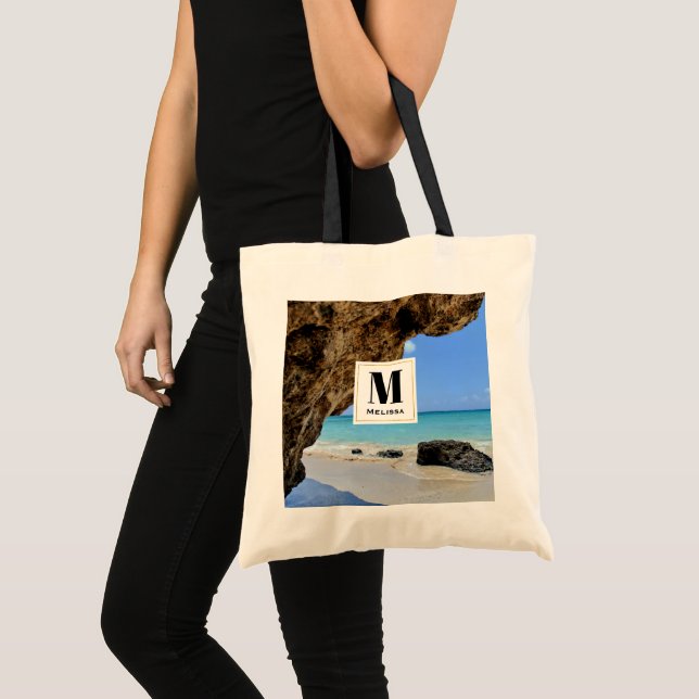 Tropical Beach Coast with a Big Rock Monogram Tote Bag (Front (Product))