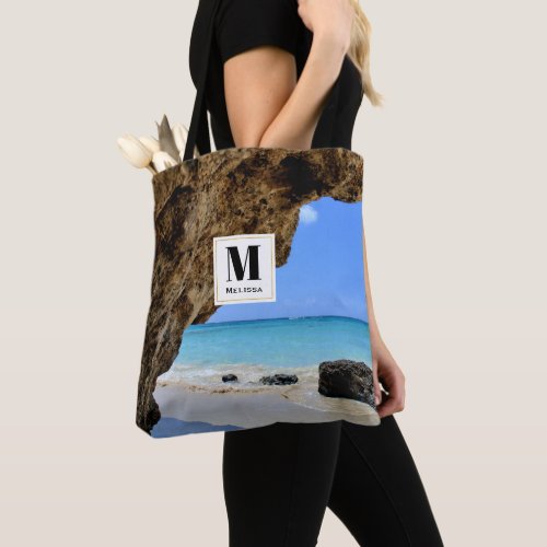 Tropical Beach Coast with a Big Rock Monogram Tote Bag