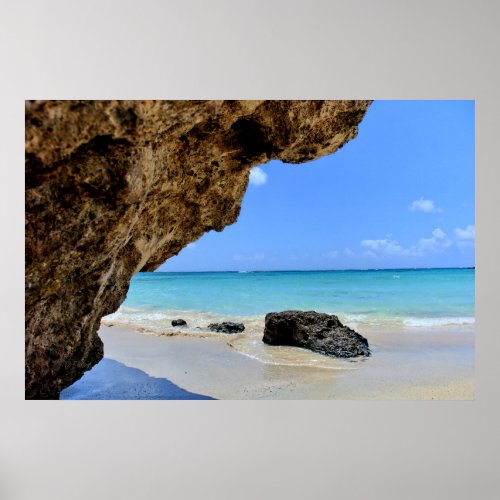 Tropical Beach Coast with a Big Rock Poster