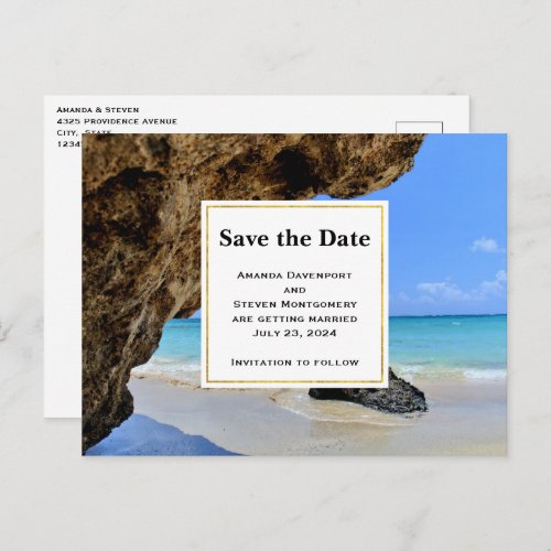 Tropical Beach Coast with a Big Rock Save the Date Invitation Postcard