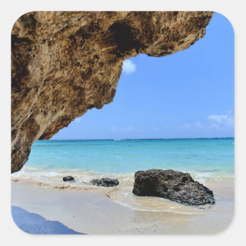 Tropical Beach Coast with a Big Rock Square Sticker