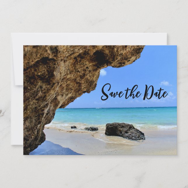 Tropical Beach Coast with a Big Rock Wedding Save The Date (Front)