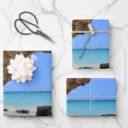 Tropical Beach Coast with a Big Rock Wrapping Paper Sheets