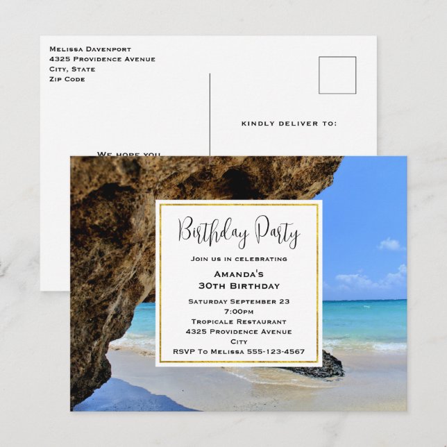 Tropical Beach Coast with Big Rock Birthday Invite (Front/Back)