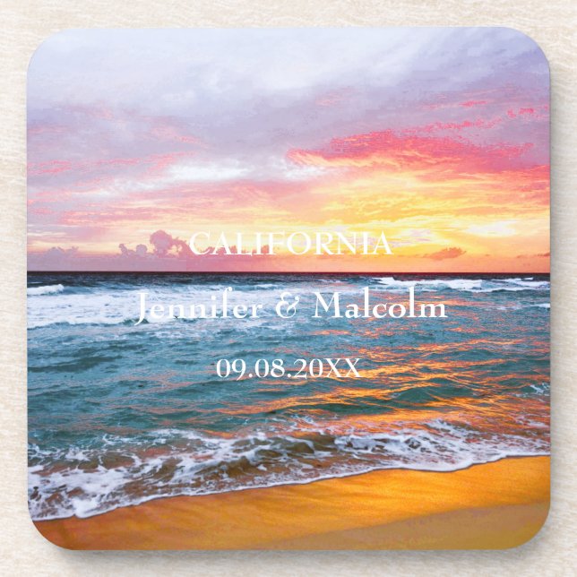 Tropical Beach Coastal Destination Summer Wedding Beverage Coaster (Front)