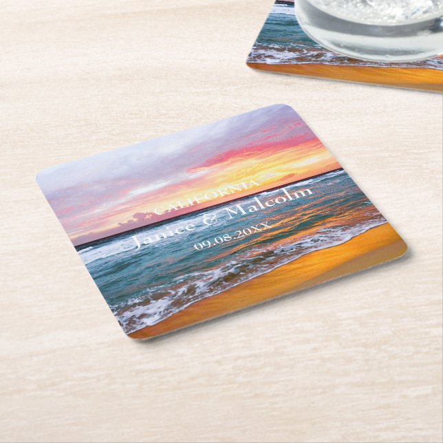 Tropical Beach Coastal Destination Summer Wedding Square Paper Coaster (Angled)
