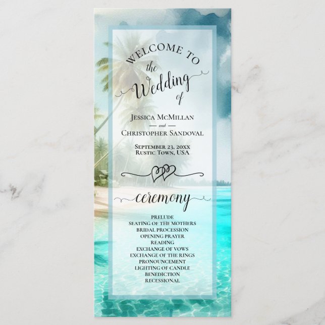 Tropical Beach Coastal Palm Trees Elegant Wedding Program (Front)