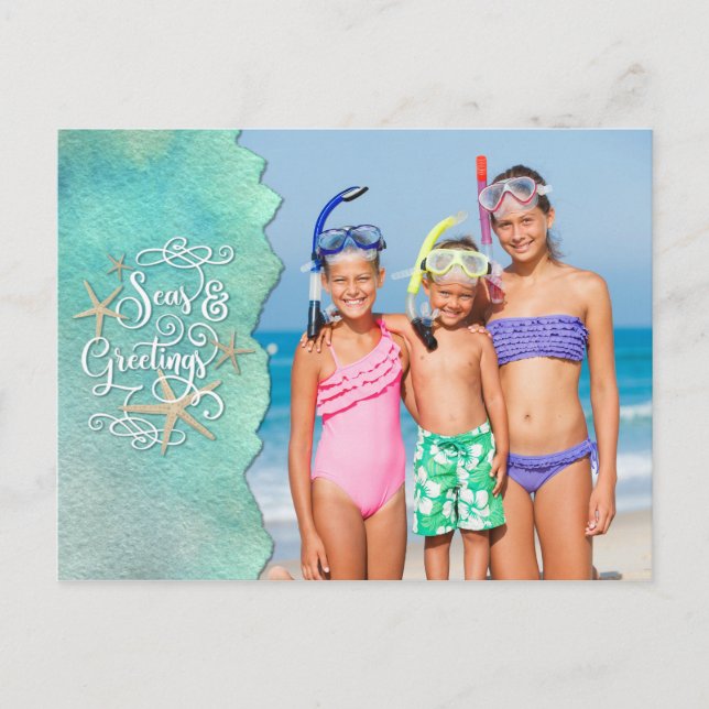 Tropical Beach Coastal SEAS AND GREETINGS Holiday Postcard (Front)