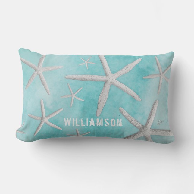 Tropical Beach Coastal Starfish Modern Blue Lumbar Pillow (Front)