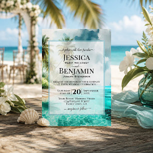 Tropical Beach Coastal Watercolor Stylish Wedding Invitation