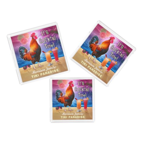 Tropical Beach Cocktail Bar Funny Rooster Chicken Acrylic Tray