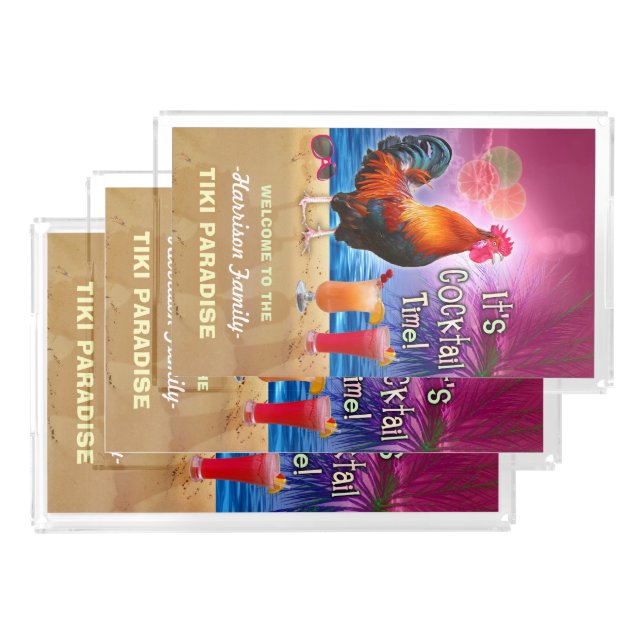 Tropical Beach Cocktail Bar Funny Rooster Chicken Acrylic Tray (Set)