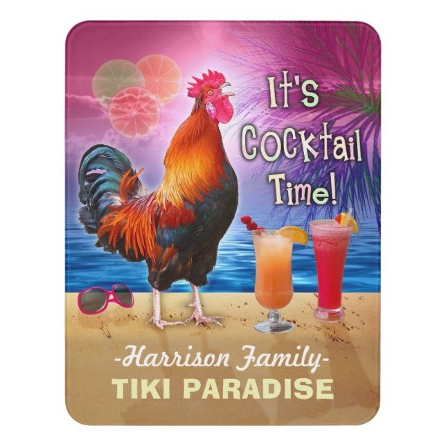 Tropical Beach Cocktail Bar Funny Rooster Chicken Door Sign (Contemporary Vert)