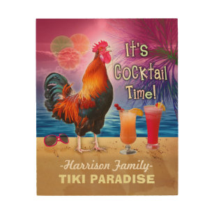 Tropical Beach Cocktail Bar Funny Rooster Chicken Wood Wall Art