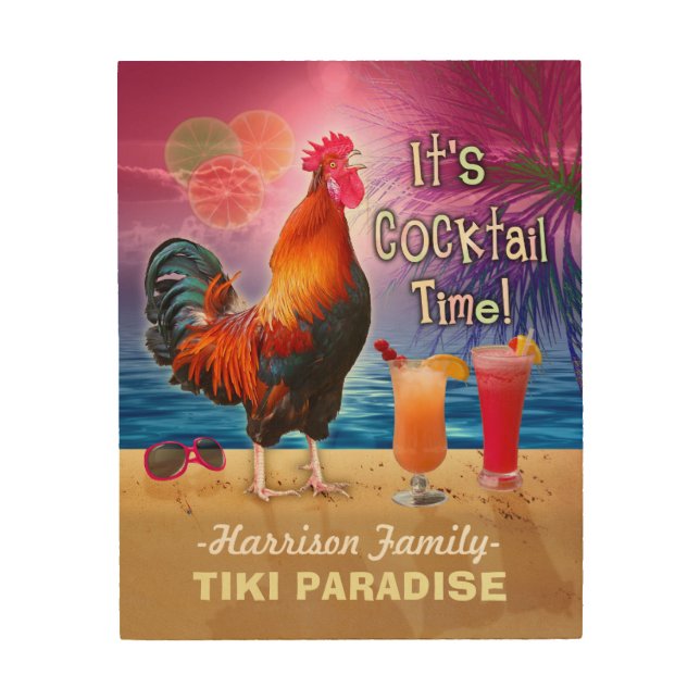 Tropical Beach Cocktail Bar Funny Rooster Chicken Wood Wall Art (Front)