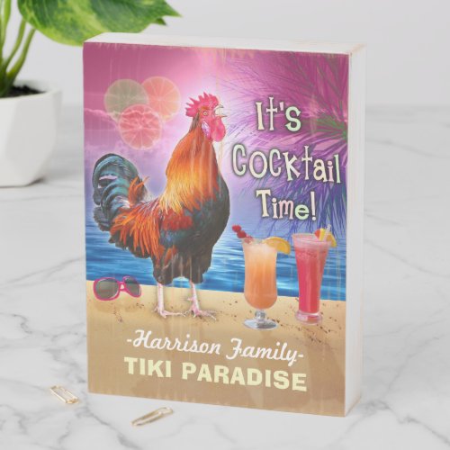 Tropical Beach Cocktail Bar Funny Rooster Chicken Wooden Box Sign