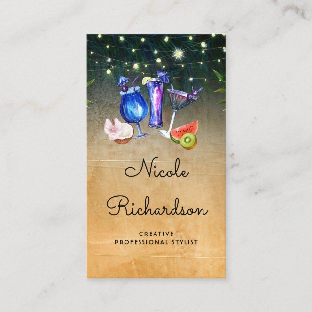 Tropical Beach Cocktails and Palm String Lights Business Card (Front)
